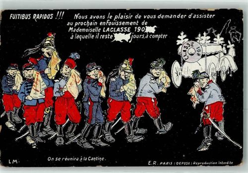 1914 on se reunia a la Cantine nous avons le Plaisir de vous demander d`assister au prochain enfouissement de Mademoiselle Laclasse sign. E.R.