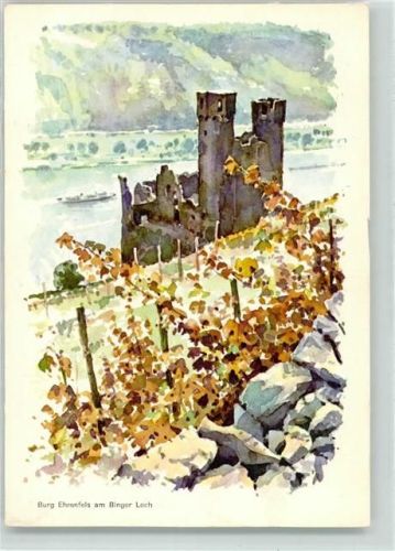 Bingen Burg Ehrenfels am Binger Loch Aquarell
