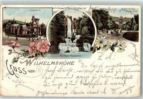 Wilhelmshöhe 1901 Lithographie Löwenburg Wasserfall