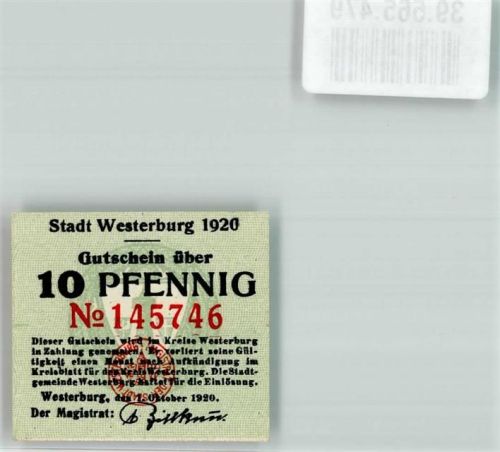 56457 W5438 Westerburg , Westerw Notgeldschein Gutschein über 10 Pfennig 1920 Notgeld
