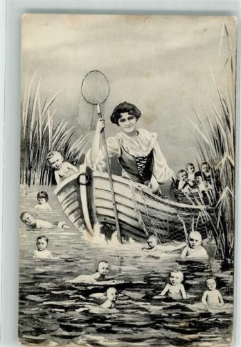 1907 Frau im Boot Kescher