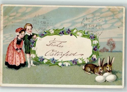 Kinder Hasen Ostereier Blumen Lithographie MBN