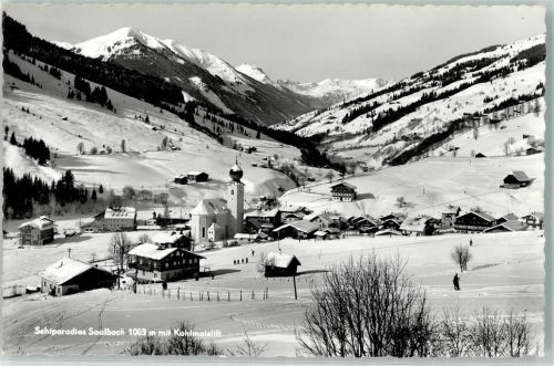 Saalbach 1959 Kohlmaislift mit Kath. Pfarrkirche hll. Bartholomäus im Schnee