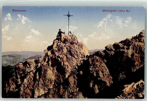 Watzmann Gipfelkreuz Mittelspitze Bergsteiger Photochromie Nr. 5984