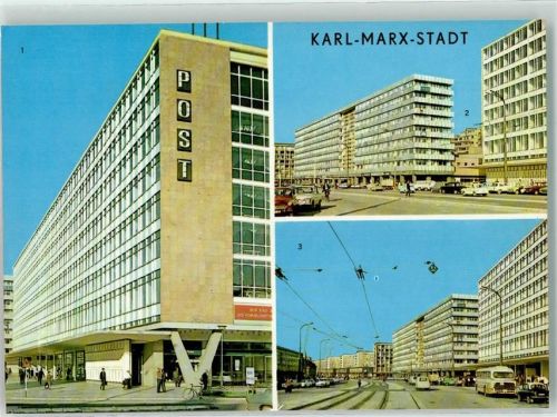 Chemnitz Karl Marx Stadt PostStraße der Nationen Omnibus Oldtimer Fahrrad