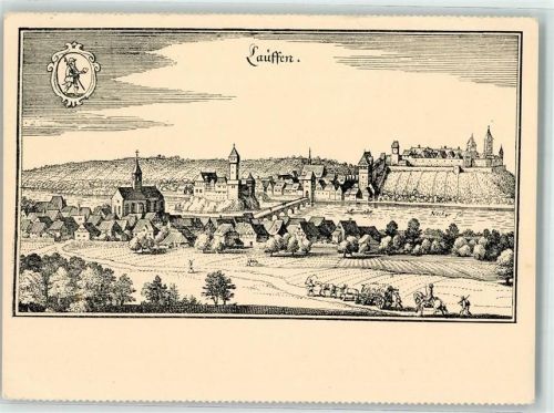 Lauffen Stich nach Merian ums Jahr 1652 Kirche Burg Pferdewagen