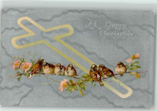 A happy easterlide Vögel sitzen auf einem Blütenzweig über einem Kreuz Lithographie R.Tuck & Sons Easter Series No.E.211