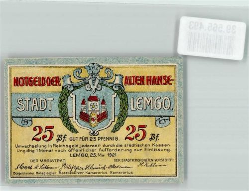 Lemgo 25 Pfennig Notgeld Alte Hansestadt Wappen Blume Turm Kranz 1921 Rathaus