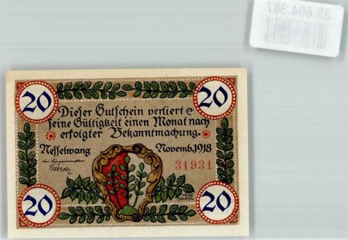 Nesselwang 1918 Gutschein über 20 Pfennig St. Andreas Kirche Wappen