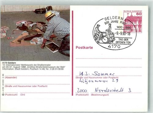 47608 W4170 Geldern 1990 Ganzsache Sonderstempel 500 Jahre Post 10. Internationaler Wettbewerb der Straßenmaler