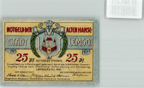 Lemgo Notgeld der Alten Hansestadt 25 Pfennig Rathaus Wappen Turm Blume Kranz 25. Mai 1921