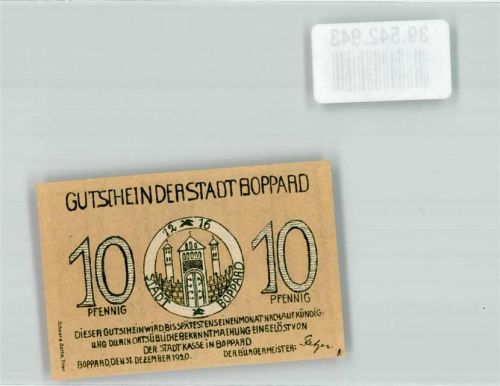 Boppard 1920 10 Pfg. Gutschein der Stadt Boppard