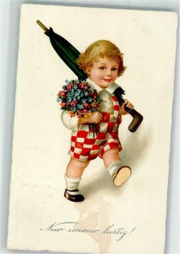 1929 Nur immer lustig! Kind in karierter Hose mit Blumenstrauß und Regenschirm B & R Nr. 7662