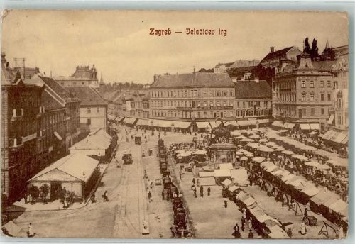 Zagreb 1912 Marktszene Denkmal Straßenbahn