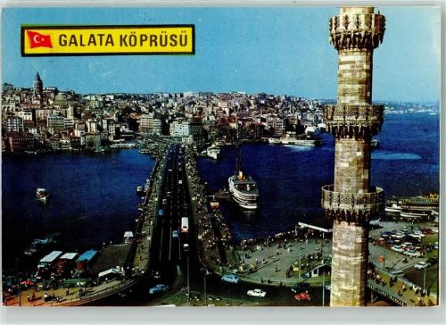 Konstantinopel Die Galata Brücke Goldenes Horn Schiff Boot Auto Omnibus Turm Meer Verkehr