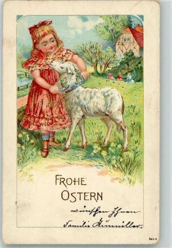 1907 Mädchen legt Schaf eine Blumengirlande um den Hals Lithographie