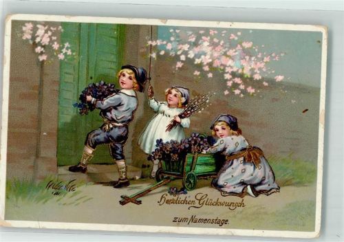 Glückwunsch Kinder Veilchen Weidenkätzchen Bollerwagen Glimmer Lithographie