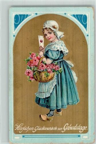 1910 Glückwunsch Tracht Hollandkind Holzschuhe Rosen Korb Brief Lithographie