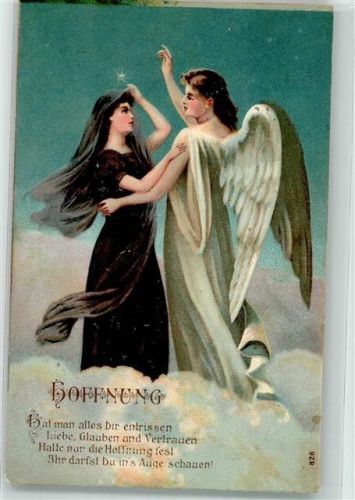 1908 Ein Engel tröstet eine junge Witwe Lithographie Gedicht Hoffnung