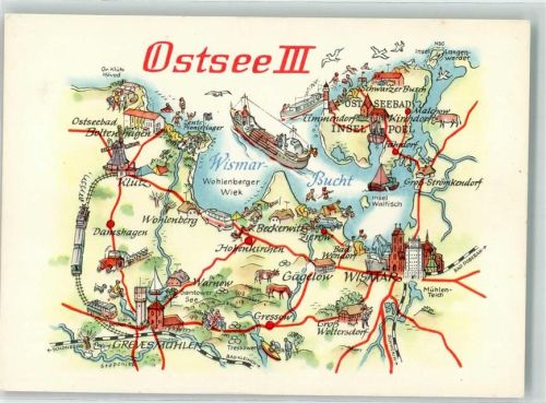 Wismar Landkarte der Ostseeküste III mit Sehenswürdigkeiten sign. A.Hoppe VEB Bild und Heimat