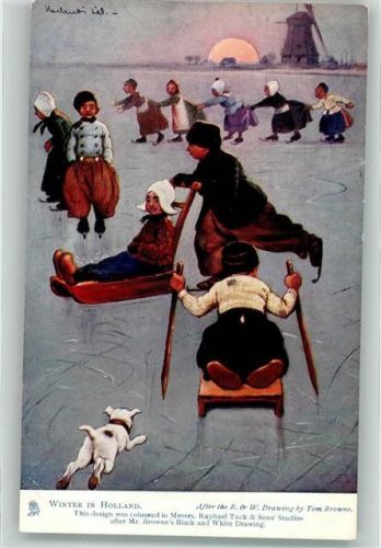 Oilette No. 6413 Dutch Studies Winter in Holland Kinder Holzschuhe Tracht Schlitten Schlitschuhe Windmühle Hund