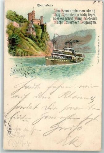 Rheinstein 1897 Raddampfer auf dem Rhein unterhalb der Burg Lithographie