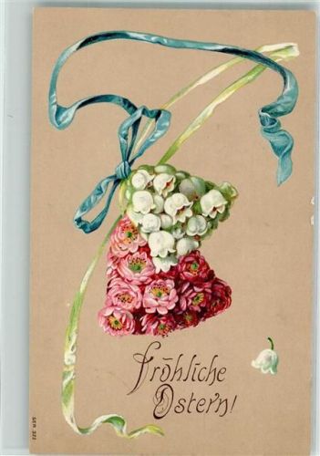 1907 Fröhliche Ostern! Glocken aus Maiglöckchen und Blumen an einer blauen Schleife