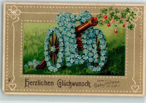 1913 Glückwunsch Geschütz Vergissmeinnicht Rosen Jugendstil Lithographie