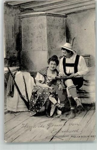 Wien 1902 Mann spielt neben einer Frau in Tracht auf einer Zither Fotograf Scolik Ort lt. Fotograf