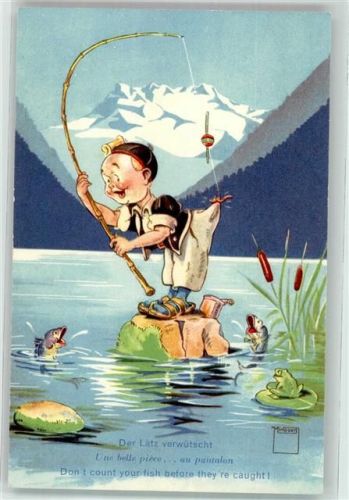 Appenzeller Tracht Junge angelt Fische Frosch Serie Nr. 11