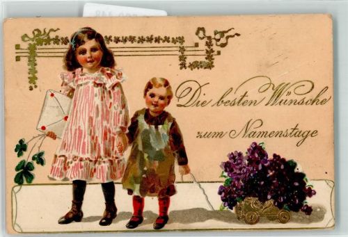 Zwei Mädchen ziehen eine Karre mit Veilchen Jugendstil Lithographie