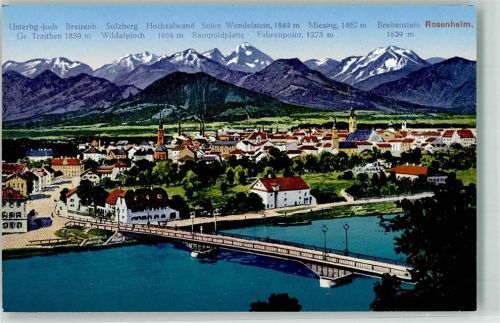 Rosenheim mit Innbrücke Stadtpfarrkirche St. Nikolaus Ev. Kirche und Alpenpanorama