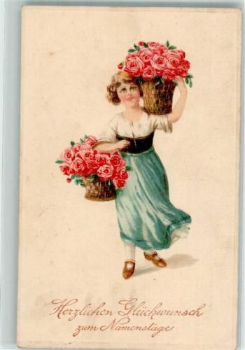 1915 Glückwunsch Tracht Rosen Korb Lithographie