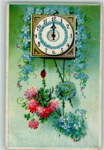 1913 Uhr Vergissmeinnicht Chrysanthemen Lithographie