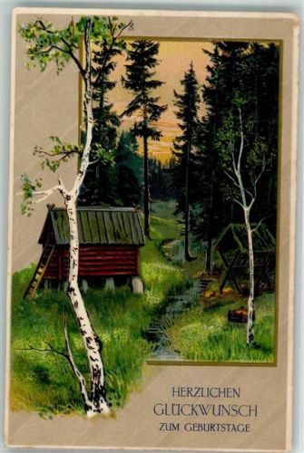 Herzlichen Glückwunsch zum Geburtstage Einsame Hütte am Bach zwischen Birken und Tannen