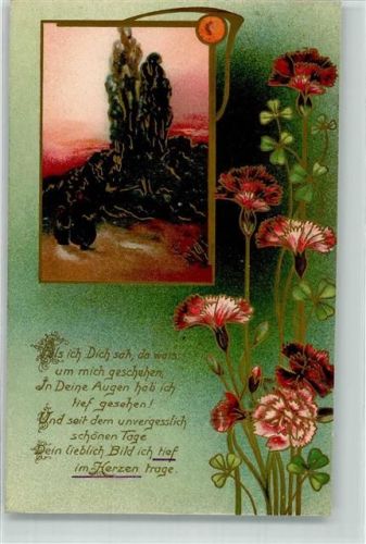 Wanderer in der Dämmerung neben hohen Zypressen Gedicht Poesie / Liebe Lithographie Glückskleeblatt 1908 Prägedruck