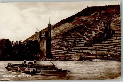 Bingen Raddampfer passiert den Mäuseturm und Burgruine Ehrenfels Verlag Conrad Jacobi