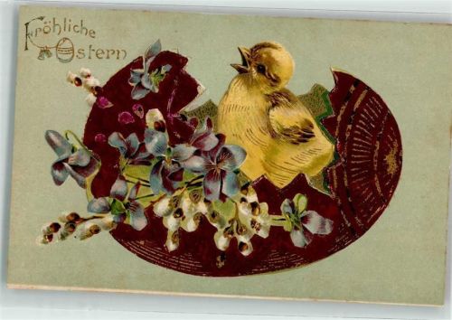 Osterei Küken Veilchen Weidenkätzchen Lithographie