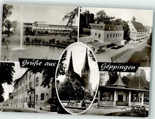 73033 W7320 Göppingen Foto AK Stadthalle Schloss Christophsbad Oberhofenkirche Brunnenhäusle