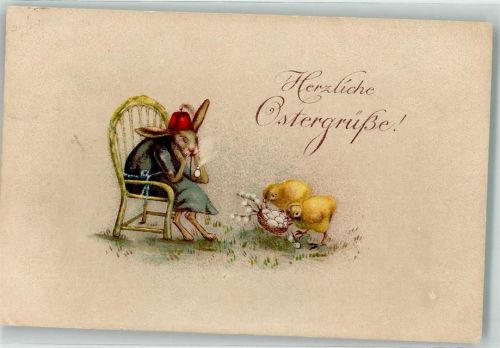 Hase Küken Ostereier Weidenkätzchen Tiere vermenschlicht Lithographie HWB Ser. 3016