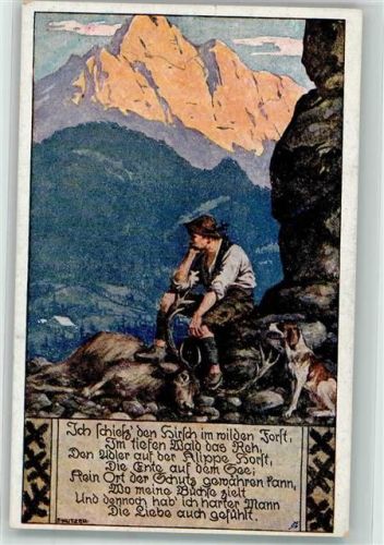 sign. Kutzer Ich schieß den Hirsch im wilden Forst Jagdhund Volksliederkarte Nr. 9