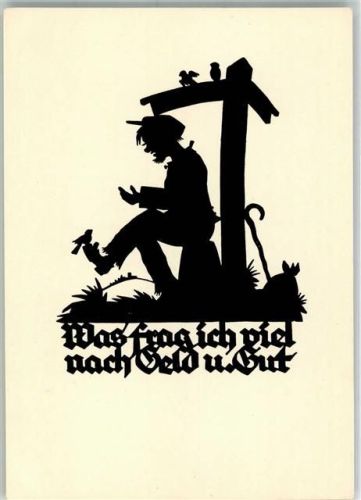 Scherenschnitt Was frag ich viel nach Geld und Gut Wanderer mit Vögeln unter Wegzeichen Hessischer Heimatverlag Chlodwig Rinck