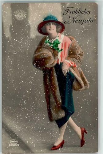 1924 Art Deco Pelzmode handcoloriert Neujahr Verlag Amag Serie 32973/6