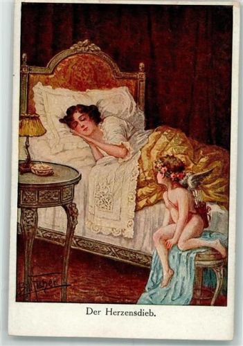Amor wacht am Bett einer schlafenden Frau H.K. & Co. M. Palette-Karte Nr. 60