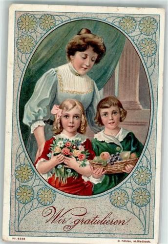 1912 Mutter mit zwei Kindern mit Blumenstrauß und Obstkorb machen sich bereit zum gratulieren Verlag Kühlen Nr. 6258