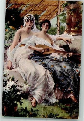 sign. Kiesel Brautlied Zwei leichtbekleidete Frauen spielen auf der Laute Salon J.P.P. 1060