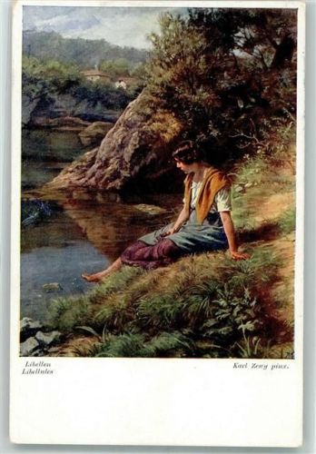 1916 Wiener Kunst sign. Zewy Karl , Frau am See , Insekten Libellen