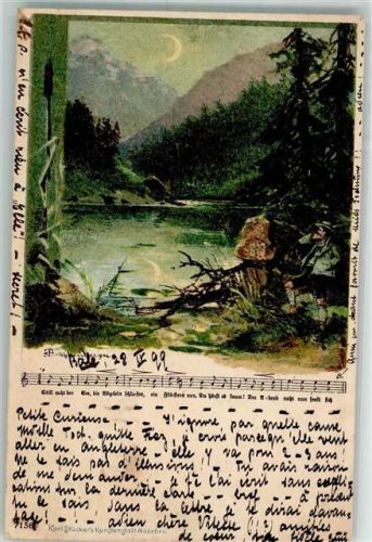 1899 Wanderer an einem Bergsee im Mondschein Verlag Karl Stücker 7156