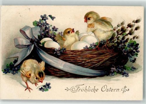 1908 Küken Weidekätzchen Veilchen Eier Korb
