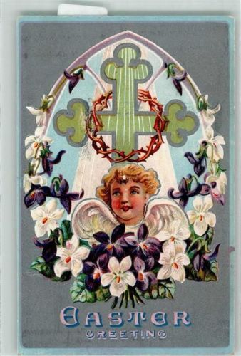 1909 Ostern Ein Engel vor einem mit Dornenkrone geschmücktem Kreuz Veilchen Easter Greetings Maschinenstempel